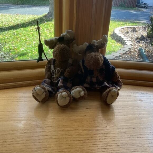 Pair Of Adorable Plush Moose Dolls In Plaid Outfits Holding Fish Decor - Picture 2 of 7